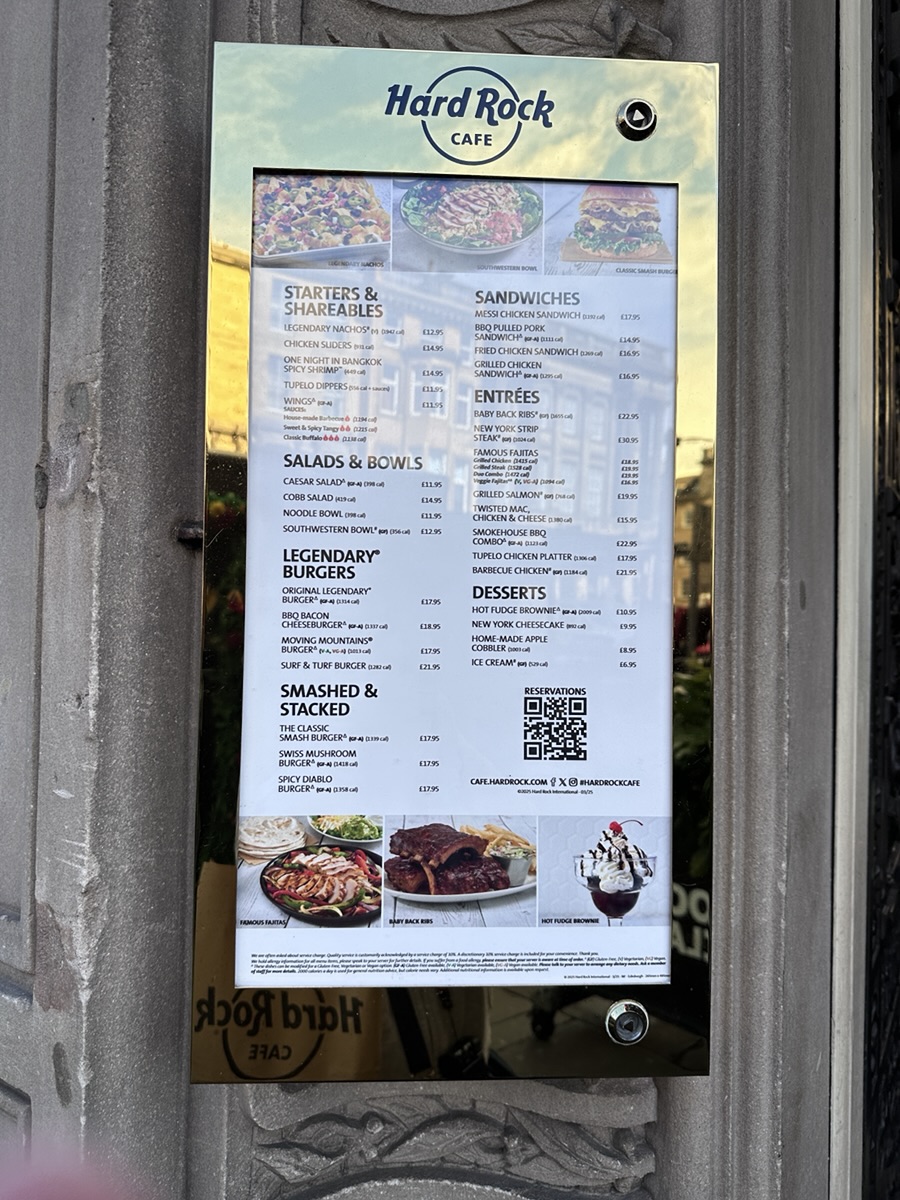 Hard Rock Cafe　Edinburgh　menu